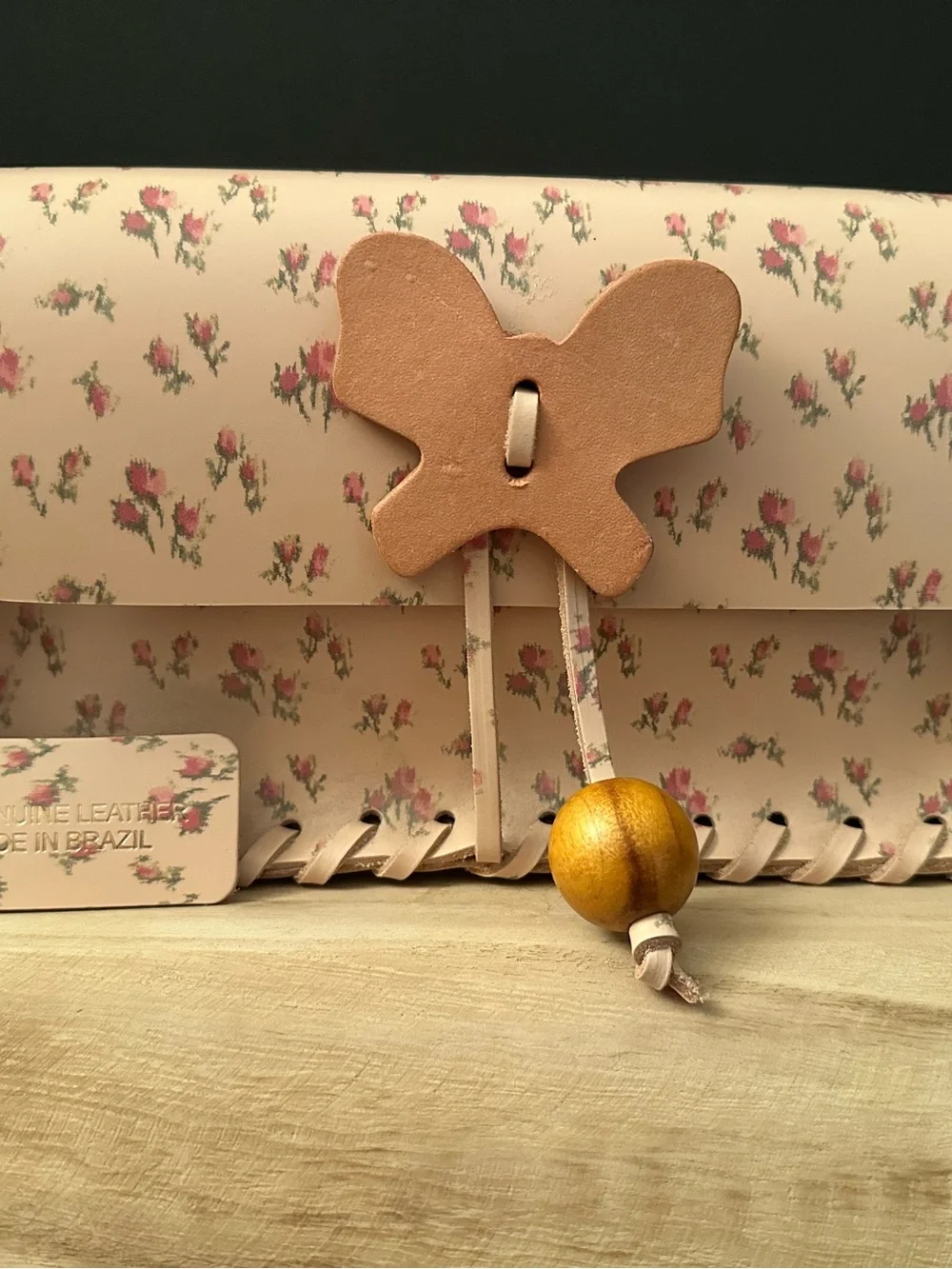 Anna Sui Pink Rosebud Butterfly Leather Clutch